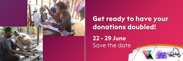 Banner with two photos: one of a woman sewing fabric on a machine, and one of a man working with tools. Text reads, "Get ready to have your donations doubled! 22–29 June. Save the date." Logos are at the bottom right.